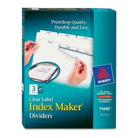 Avery Dennison Avery Index Maker Clear Label Divider, Blank, 8.5"x11", 3 Tabs, 25 Sets, White/White 11445